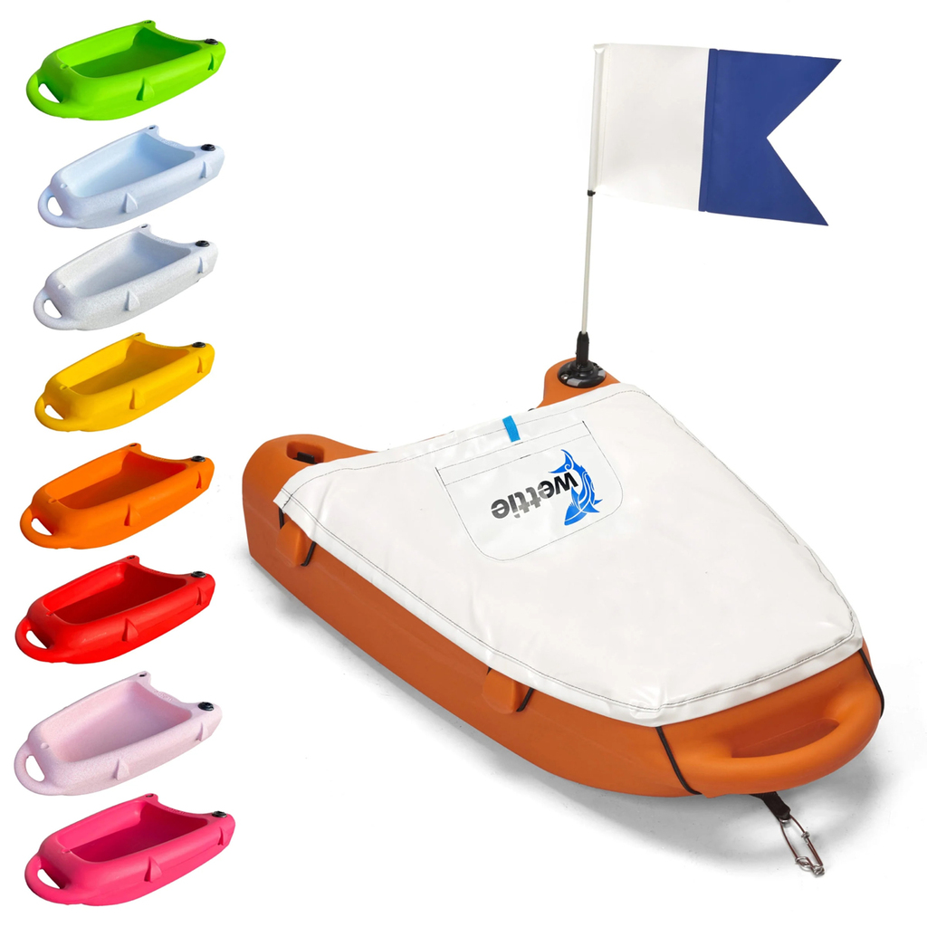 Wettie Float Boat medium size orange colour with cover and flag showing other colour options available